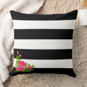 白黒に牡丹の花ストライプの クッション (ブランケット)
