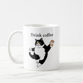 白黒のかわいいイラストの面白い猫のコーヒー コーヒーマグカップ