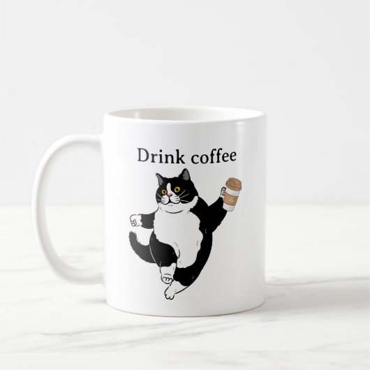 白黒のかわいいイラストの面白い猫のコーヒー コーヒーマグカップ (左)