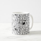 白黒のかわいい手描きの猫のデザイン コーヒーマグカップ (正面右)