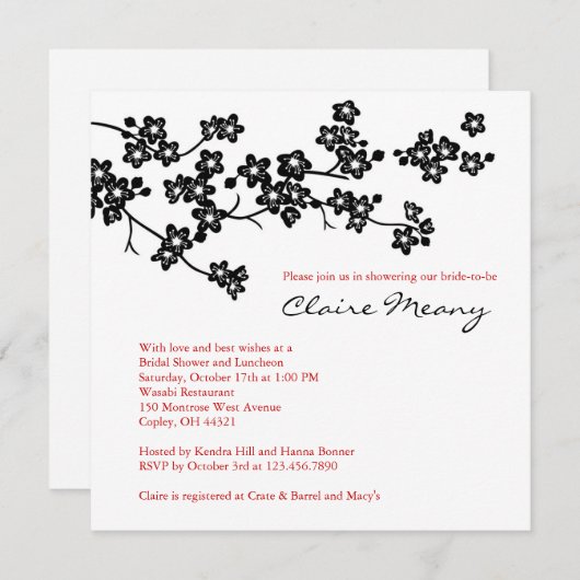 白黒のさくらんぼの花 招待状 (正面/裏面)