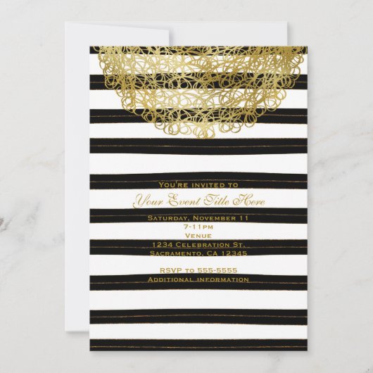 白黒のとストライプ金ゴールドサークルの招待状 招待状 (正面)