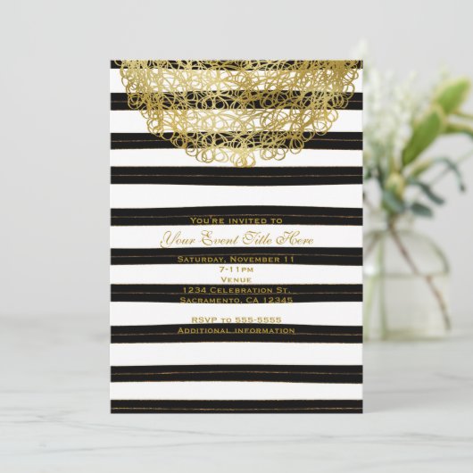 白黒のとストライプ金ゴールドサークルの招待状 招待状 (スタンド正面)