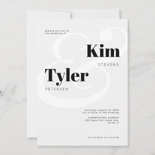 白黒のはっきりしたタイポグラフィ名結婚の数 招待状 (正面)