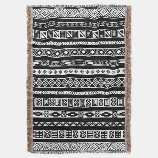 白黒のアステカな種族の民族の幾何学的なパターン スローブランケット (正面縦)