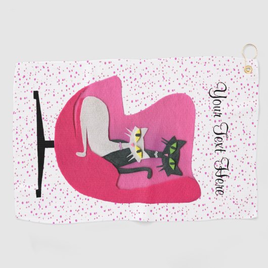 白黒のアトミックな猫が椅子に座るピンクのドット ゴルフタオル (横)