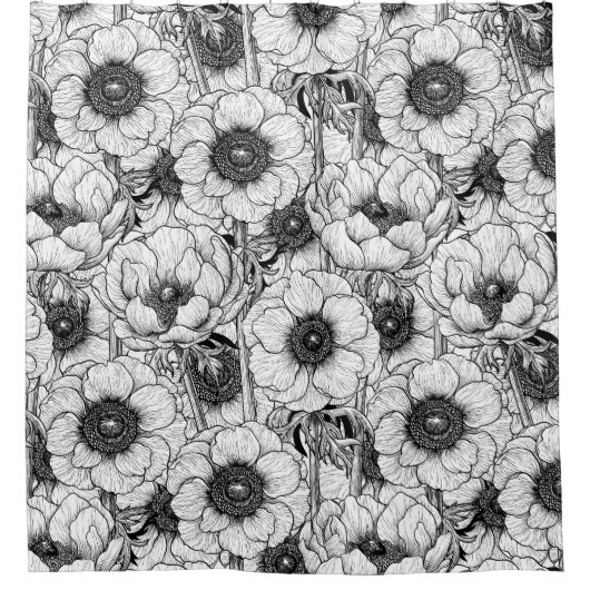 白黒のアネモネ庭園 シャワーカーテン (正面)