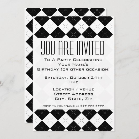 白黒のアーガイル柄の招待状 招待状 (正面/裏面)