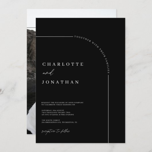 白黒のアーチモダント写真結婚の 招待状 (正面/裏面)