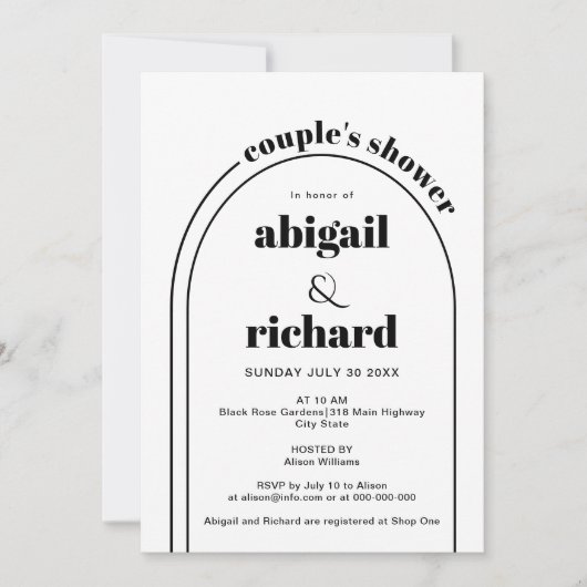 白黒のアーチ結婚ーのカップルのシャワー 招待状 (正面)