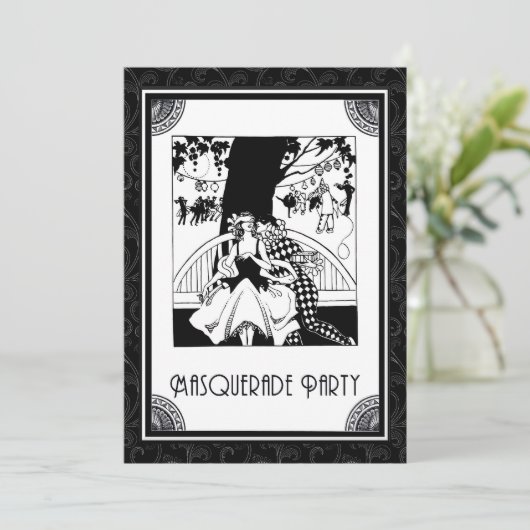 白黒のアールデコの仮面舞踏会のパーティー 招待状 (スタンド正面)