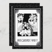 白黒のアールデコの仮面舞踏会のパーティー 招待状 (正面/裏面)