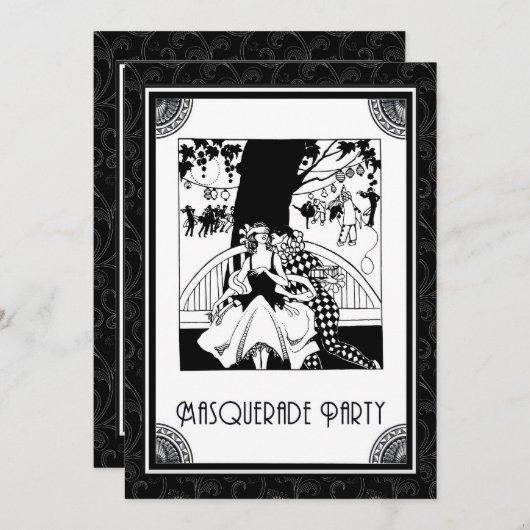 白黒のアールデコの仮面舞踏会のパーティー 招待状 (正面/裏面)