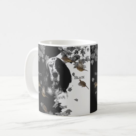 白黒のイギリスのセッターコーヒーマグ コーヒーマグカップ (正面左)