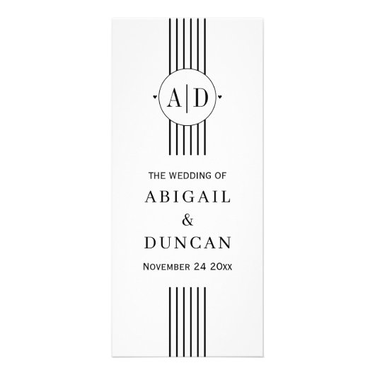 白黒のイニシャルとストライプ結婚式のプログラム ラックカード (正面)