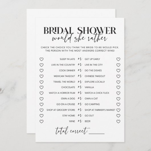 白黒のウェディングシャワーの「彼女ならどちらか」ゲーム (正面/裏面)