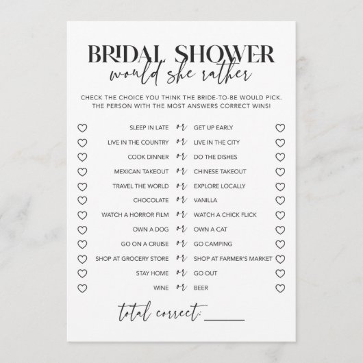 白黒のウェディングシャワーの「彼女ならどちらか」ゲーム (正面)