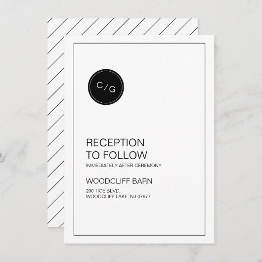 白黒のウェディングモダンレセプションカード 招待状 (正面/裏面)