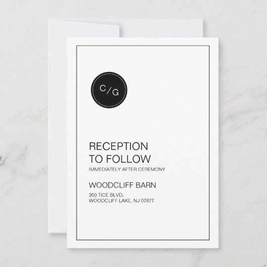 白黒のウェディングモダンレセプションカード 招待状 (正面)