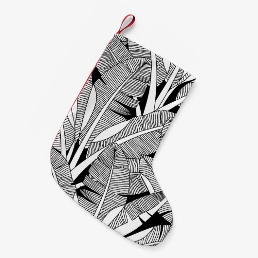 白黒のエキゾチックな植物とヤシの木の植物 スモールクリスマスストッキング (正面 (吊り時))