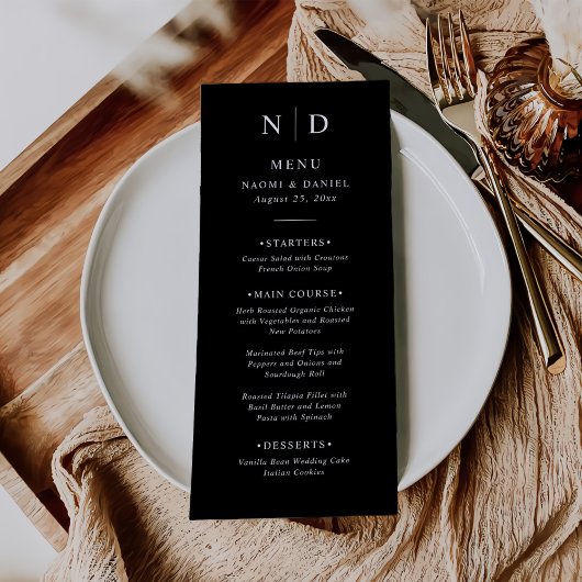 白黒のエレガントクラシック結婚メニュー