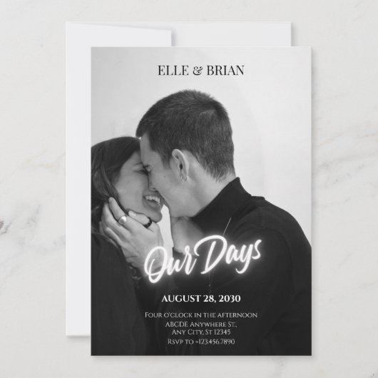 白黒のエレガントシンプルな結婚式の写真 招待状 (正面)