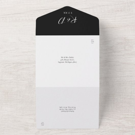 白黒のエレガント台本の結婚葉 オールインワン招待状 (外側)