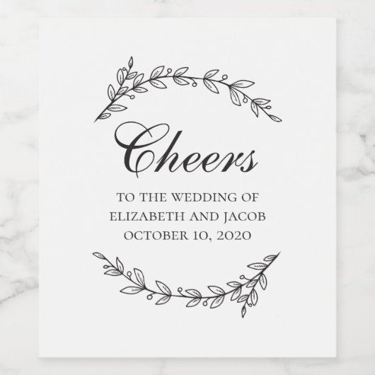 白黒のエレガント植物葉結婚の ワインラベル (シングルラベル)