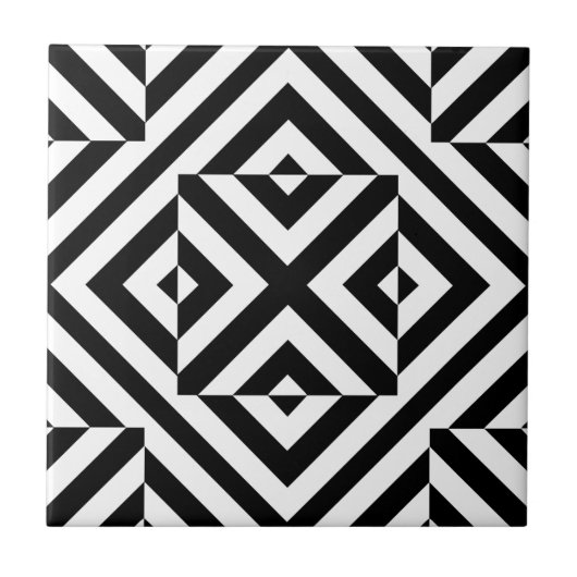 白黒のオペアートストライプの幾何学的パターン タイル (正面)