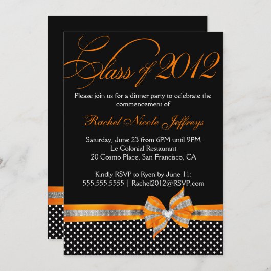白黒のオレンジ水玉模様の卒業の招待状 招待状 (正面/裏面)
