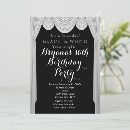 白黒のカーテンエレガントパーティの招待状 招待状 (スタンド正面)