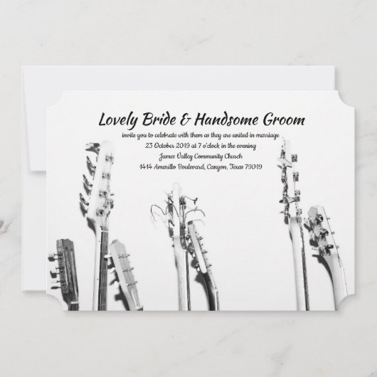 白黒のギターの音楽愛好者の結婚式招待状 招待状 (正面)