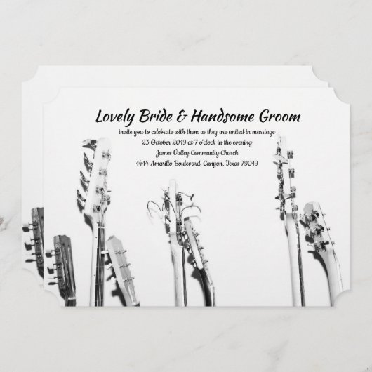 白黒のギターの音楽愛好者の結婚式招待状 招待状 (正面/裏面)