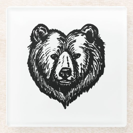 白黒のクマの顔のインク画 ガラスコースター (正面)