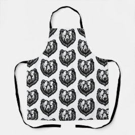 白黒のクマの顔の墨絵 エプロン