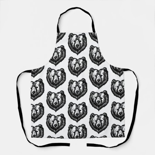 白黒のクマの顔の墨絵 エプロン (正面)