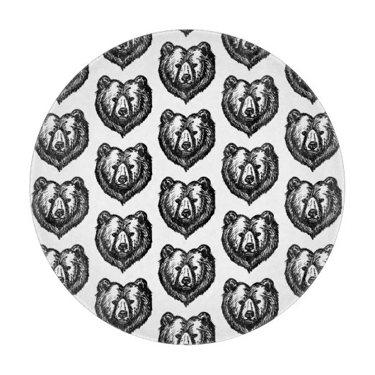 白黒のクマの顔の墨絵 カッティングボード (正面)