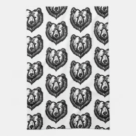 白黒のクマの顔の墨絵 キッチンタオル