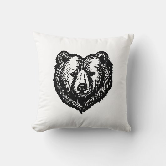白黒のクマの顔の墨絵 クッション (正面)