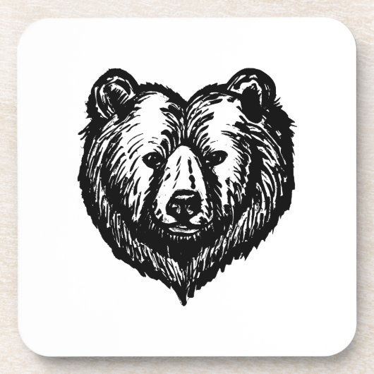 白黒のクマの顔の墨絵 コースター (正面)