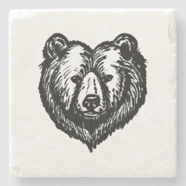 白黒のクマの顔の墨絵 ストーンコースター