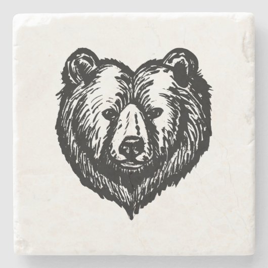 白黒のクマの顔の墨絵 ストーンコースター (正面)