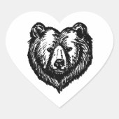 白黒のクマの顔の墨絵 ハートシール (正面)