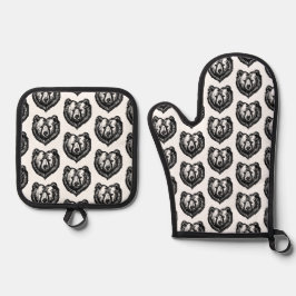白黒のクマの顔の墨絵 鍋つかみ&鍋敷きセット