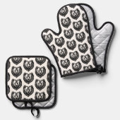白黒のクマの顔の墨絵 鍋つかみ&鍋敷きセット (正面/裏面)
