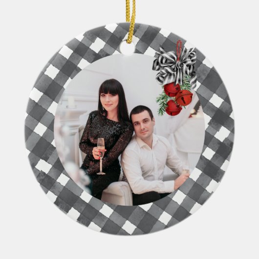 白黒のクリスマスカード セラミックオーナメント (正面)