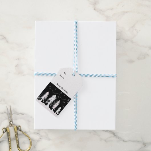 白黒のクリスマスツリー ギフトタグ (より糸付き)