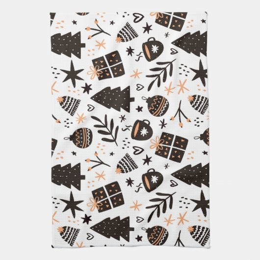 白黒のクリスマスパターン キッチンタオル (縦)