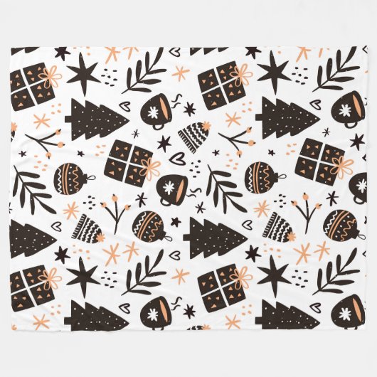 白黒のクリスマスパターン フリースブランケット (正面(横))