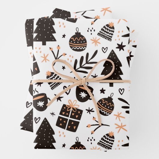 白黒のクリスマスパターン ラッピングペーパーシート (インサイチュ)